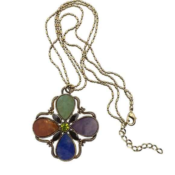 Monet Maltese Cross Pendant Necklace Multicolor Stones Gold Tone Chain 16+2" - Picture 2 of 10